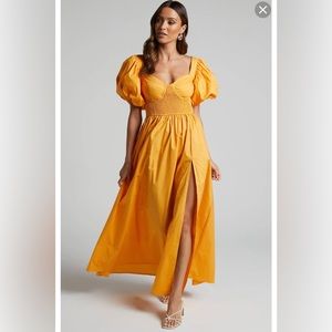 RAIZA MAXI DRESS - SHIRRED WAIST PUFF SLEEVE DRESS IN MARIGOLD